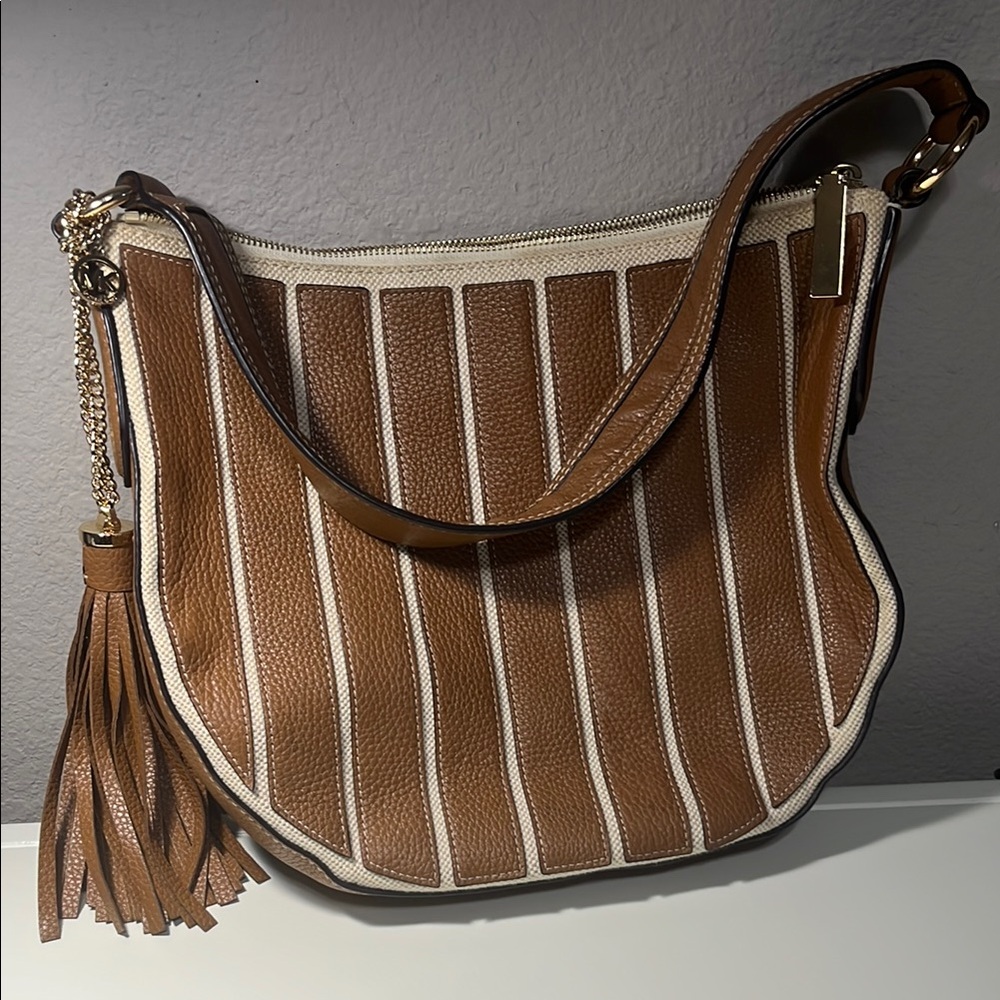 Brown and Cream Striped Women's Bag